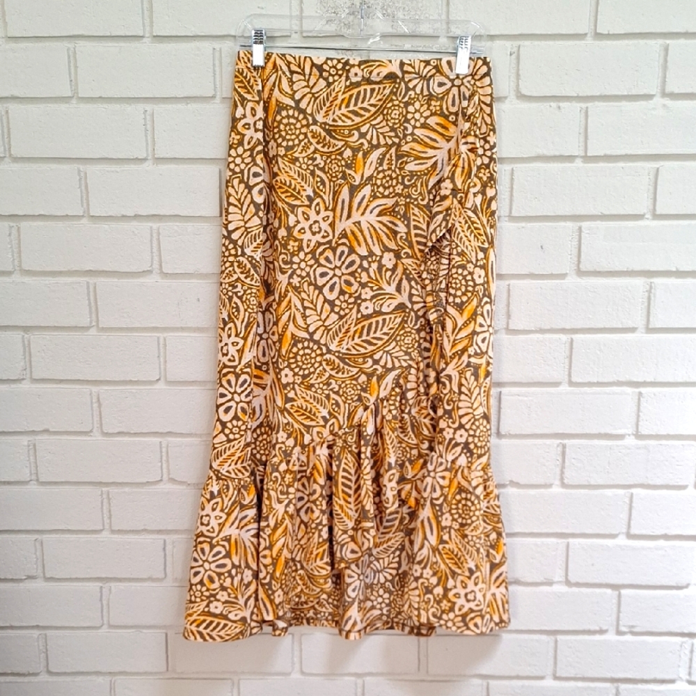 Cato Tropical Print Flowy Ruffle Yellow, Green & Cream Maxi Skirt. Size Small